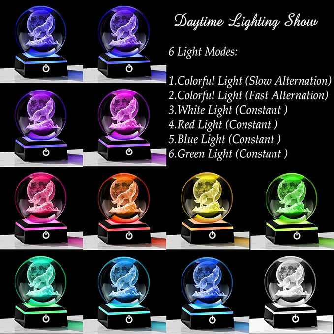 Qianwei Wolf Gifts: 3D Crystal Ball - 3.14'' Laser Decor Glass Animals Figurines Statue & Night Light