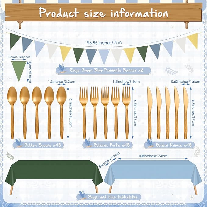 Mimorou 342 Pcs Blue and Green Party Supplies Dusty Tableware Paper Disposable Plates Napkins Cups Plastic Tablecloth Blue and Green Golden Triangle Banner for Wedding Bachelorette Birthday
