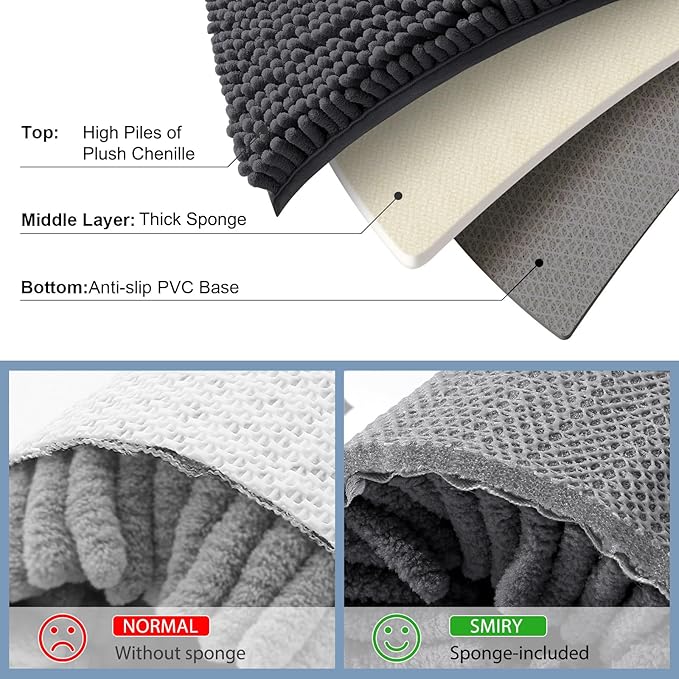 Smiry Luxury Chenille Bathroom Rugs 44x24, Extra Soft and Absorbent Shaggy Bath Mat, Machine Washable, Non-Slip Plush Carpet Runner for Tub, Shower, and Floor, Home Decor Accessories, Charcoal Grey