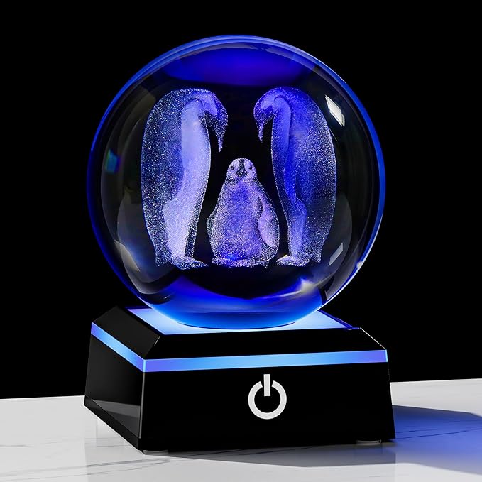 Qianwei Penguin Gifts for Women - 3D Crystal Ball 3.14'' Laser Penguin Decor Glass Animals Figurines Statue & Night Light