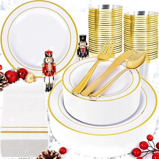GATHER 350PCS Gold Plastic Plates - White and Gold Disposable Plastic Dinnerware Set Include 50 Dinner Plates, 50 Dessert Plate, 150 Silverware, 50 Napkins, 50 Cups for Party & Wedding & Christmas