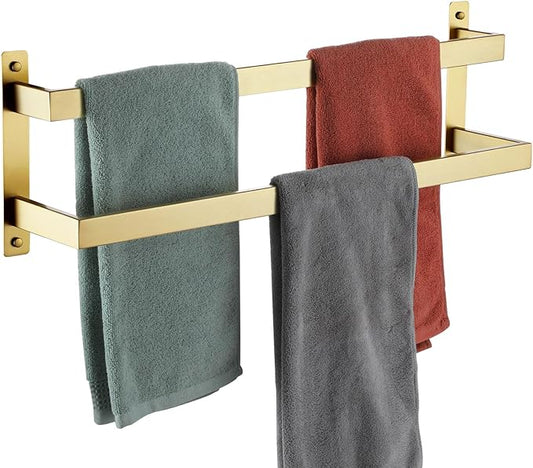 KOKOSIRI Bath Towel Bars Bathroom 2-Tiers Ladder Brushed Gold Towel Rails 24 Inches Towel Holders Wall Mounted Towels Shelves Rack Stainless Steel, B5008BG-L24
