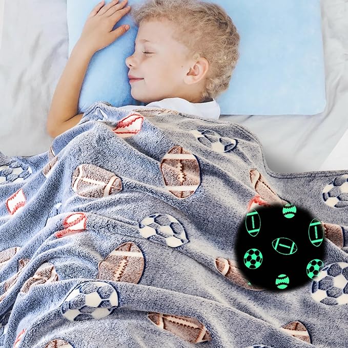 Wajade Sports Balls Gifts Toys for Boys Girls - Glow in The Dark Sports Balls Blanket Birthday Christmas Decor for Kids Age 3 4 5 6 7 8 9 10 11 12 Years Old Teens Child Throw Light Grey 60"x80"