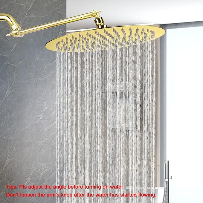 NearMoon Rain Shower Head with 11'' Adjustable Arm, High Pressure Stainless Steel Rainfall Shower, Ultra-Thin Design - Pressure Boosting (12 Inch, Gold)