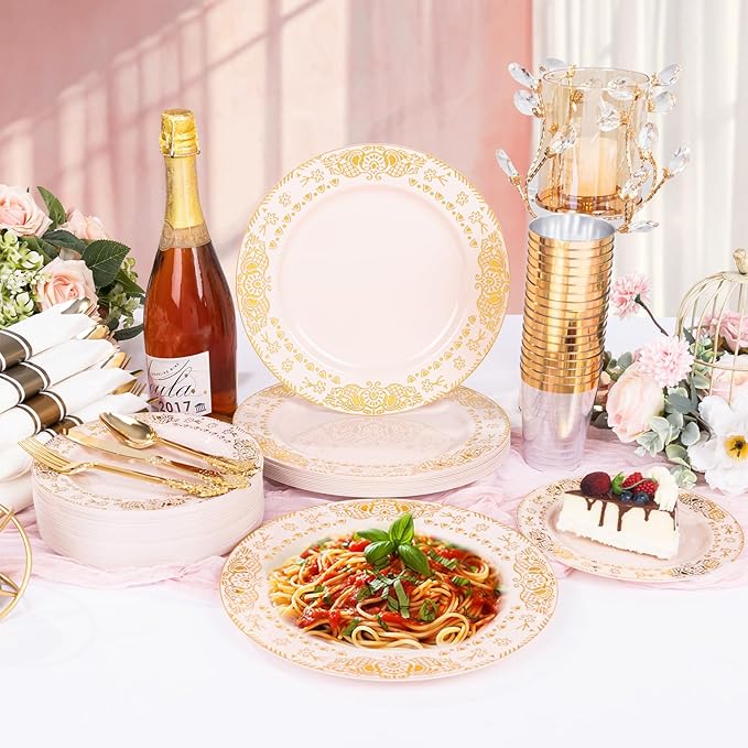 GATHER 350PCS Pink and Gold Plastic Plates - Gold Disposable Dinnerware Set Include 50 Dinner Plates, 50 Dessert Plates, 150 Plastic Silverware, 50 Napkins, 50 Cups for Party & Wedding