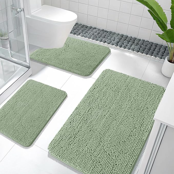 OLANLY Bathroom Rugs Sets 3 Piece, Soft Absorbent Chenille Bath Mats and U-Shaped Contour Toilet Rug, Quick Dry, Home Decor Accessories, Bath Mat Set for Bathroom (36"x24"+24"x16"+24"x20", Sage Green)