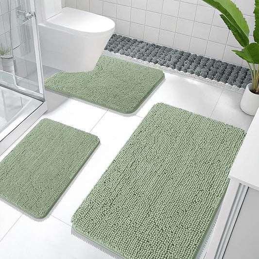 OLANLY Bathroom Rugs Sets 3 Piece, Soft Absorbent Chenille Bath Mats and U-Shaped Contour Toilet Rug, Quick Dry, Home Decor Accessories, Bath Mat Set for Bathroom (36"x24"+24"x16"+24"x20", Sage Green)