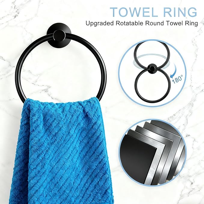 5-Piece Matte Black Bathroom Hardware Set - 5-in-1 Towel Rack Set, 23.6-inch SUS304 Stainless Steel Towel Bar and Toilet Paper Holder | Modern Black Bathroom Accessories (5, Matte Black)