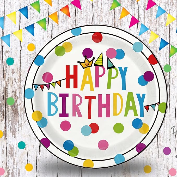 Happy Birthday Paper Plates and Napkins Sets - 350 Pcs Polka Dots Happy Birthday Party Supplies Tableware Set, Disposable Plates Napkins Kit for Boys Girls Birthday Party Decorations, Serves 50