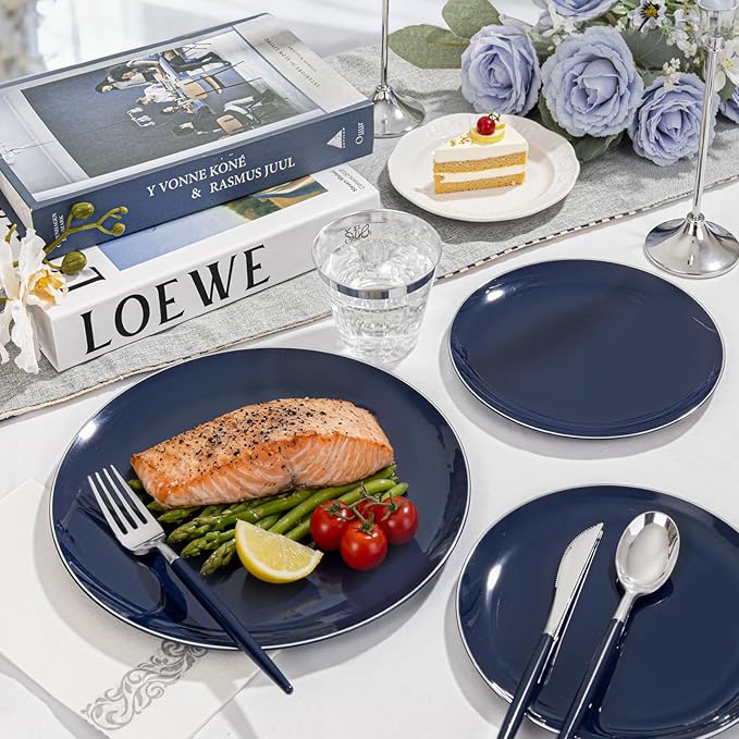 KIRE 175Pcs Blue Plastic Plates with Silver Rim & Disposable Silverware with Blue Handle & Silver-rim Cups & Hand Napkin & Plastic Dinnerware for Hanukkah/Parties/Wedding