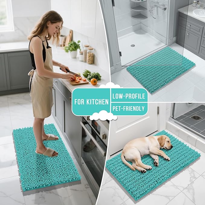 Yimobra Long Bathroom Rugs Non Slip Washable 44x24 Inch - Ultra Soft Absorbent Chenille Bath Mat, Quick Dry Shaggy Floor Carpet for Tub Shower, Lake Blue Home Decor Accessories