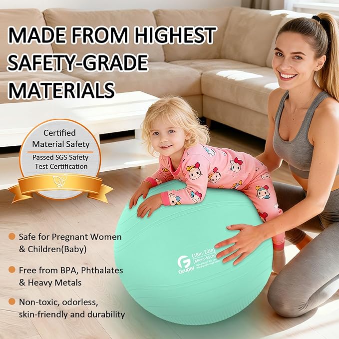 Gruper Yoga Ball, Multiple Sizes Non Slip Exercise Ball for Workout, Birthing, Balance, Stability, Pregnancy, 2200LB Capacity, Anti Burst Chair for Home and Office, Includes Quick Pump & Fitness Guide