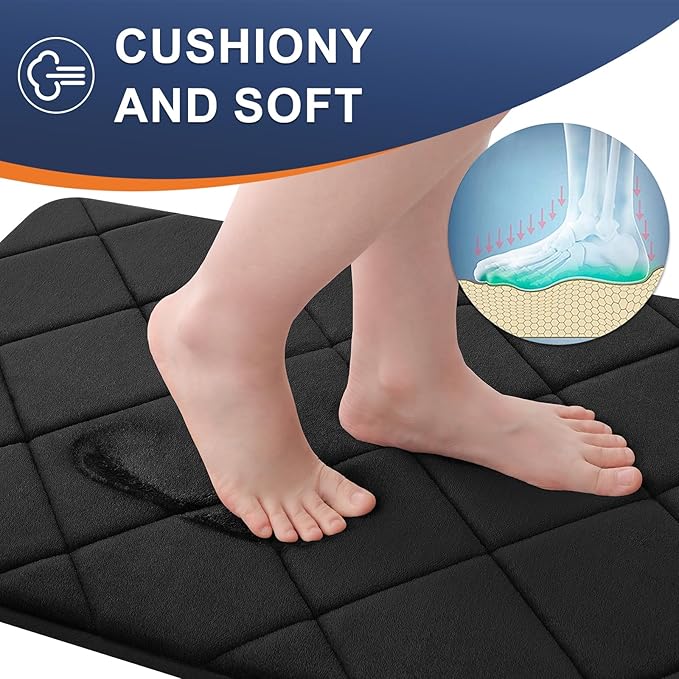 OLANLY Memory Foam Bath Mat 47x20, Ultra Soft and Absorbent Bathroom Rugs, Machine Washable, Comfortable Bath Carpet for Bathroom Floor, Tub and Shower, Black