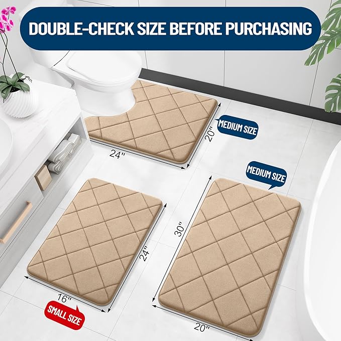 OLANLY Memory Foam Bath Mat 36x24, Ultra Soft and Absorbent Bathroom Rugs, Machine Washable, Comfortable Bath Carpet for Bathroom Floor, Tub and Shower, Tan