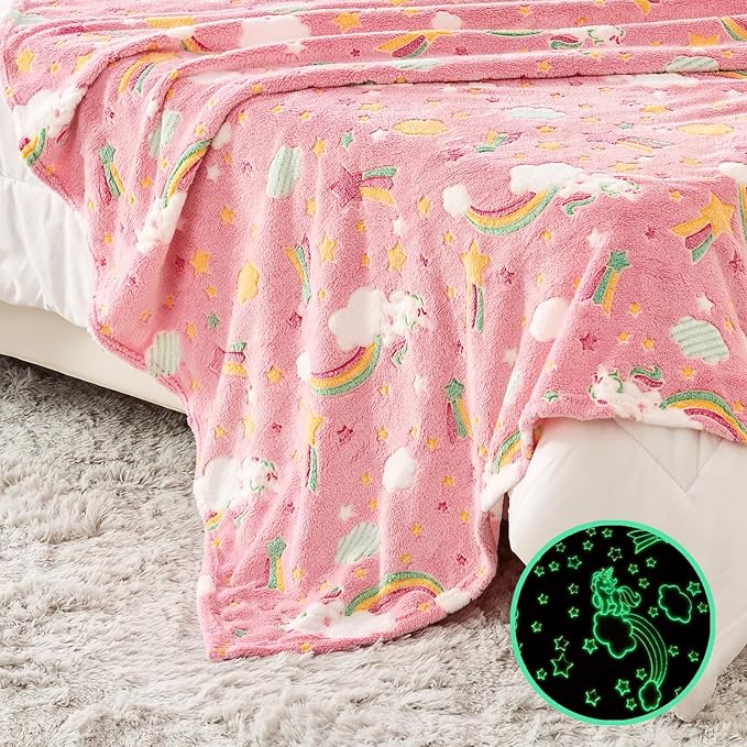 Wajade Rainbow Gifts Toys for Girls - Glow in The Dark Rainbow Blanket Birthday Christmas Decor for Kids Age 3 4 5 6 7 8 9 10 11 12 Years Old Teens Child Toddler Throw Pink 60"x80"