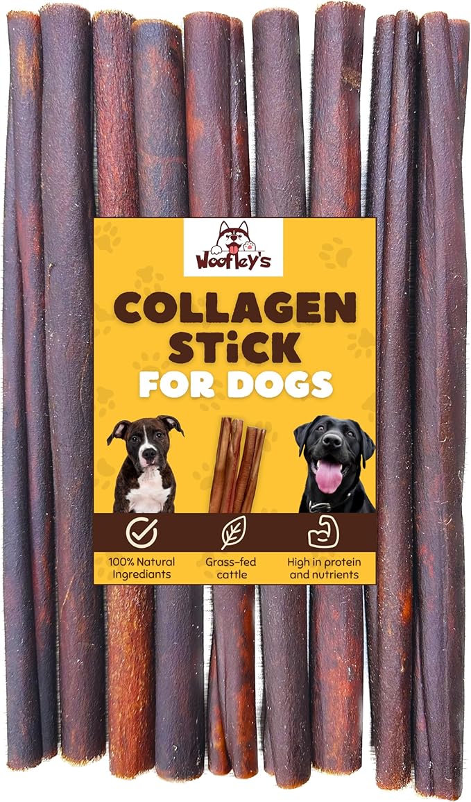 Woofley's 12 Inch Beef Collagen Sticks for Dogs (8 Count) Bully Stick Rawhide Alternative Dog Chews No Hide Bones for Medium & Large Dogs