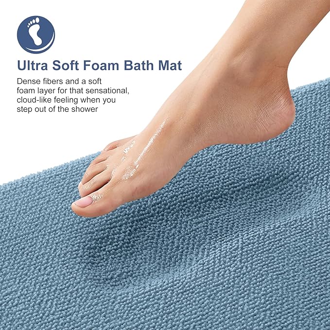 OLANLY Thick Memory Foam Bath Mat Rug 47x17, Extra Soft Absorbent Bathroom Rug, Quick Dry Bath Mats, Non-Slip, Machine Washable Carpet for Bathroom, Tub and Shower, Home Decor Accessories, Airy Blue
