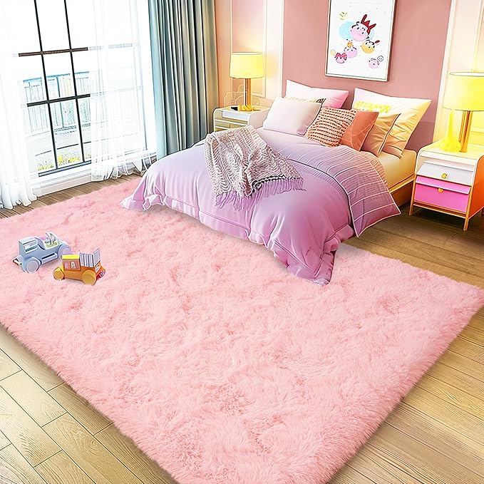 Ultra Fluffy Area Rugs for Living Room Bedroom, 6x9 Fuzzy Large Living Room Rugs, Thick Shag Rug for Dorm, Soft Non Slip Kids Girls Boys Rug for Home Decor Aesthetic, Pink