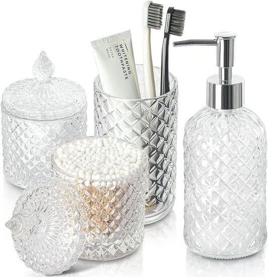 Bathroom Accessories Set, 4 Pack Clear Glass Bath Accessory Sets Complete, Diamond Soap Dispenser and Toothbrush Holder Set for Bathroom Counter Organizer Essentials, Modern Bathroom Decor