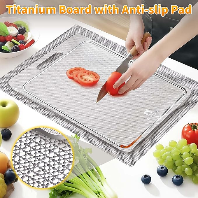 100% Pure Titanium Cutting Board with Groove, Scratch Resistant Chopping Board with Non-slip Pad for Kitchen, Titanium Cutting Boards for Vegetables and Meat, Dishwasher safe 9 * 13 IN