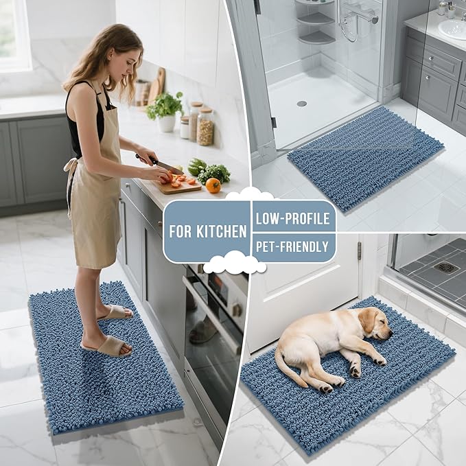 Yimobra Long Bathroom Rugs Non Slip Washable 44x24 Inch - Ultra Soft Absorbent Chenille Bath Mat, Quick Dry Shaggy Floor Carpet for Tub Shower, Denim Blue Home Decor Accessories