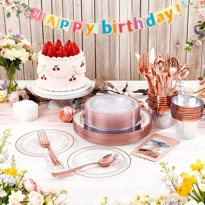 GATHER 350PCS Rose Gold Plastic Plates - Disposable Rose Gold Dinnerware Includes 100 Clear Rose Golds Rimmed Plastic Plates, 150 Silverware, 50 Napkins, 50 Cups for Party, Wedding