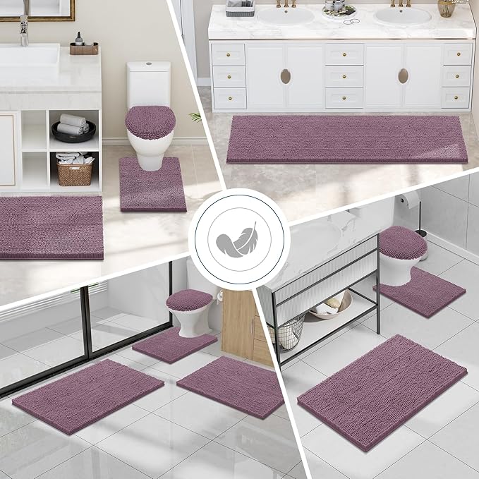 Smiry Luxury Chenille Bathroom Rugs 30x20, Extra Soft and Absorbent Shaggy Bath Mat, Machine Washable, Non-Slip Plush Carpet Runner for Tub, Shower, and Floor, Home Decor Accessories, Deep Plum