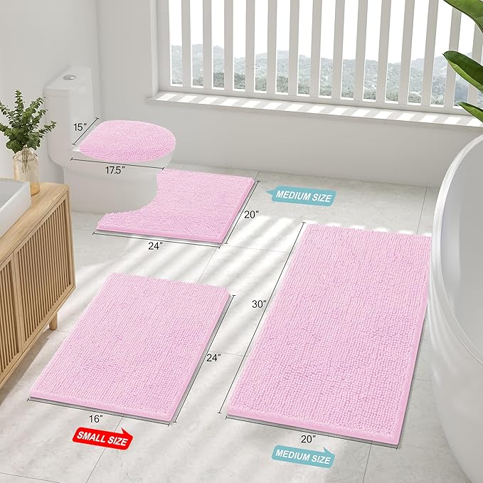 Smiry Luxury Chenille Bathroom Rugs 36x24, Extra Soft and Absorbent Shaggy Bath Mat, Machine Washable, Non-Slip Plush Carpet Runner for Tub, Shower, and Floor, Home Decor Accessories, Pink