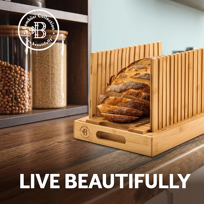 Bambüsi Upgraded Bread Slicer for Homemade Bread - Adjustable Bamboo Bread Cutter Board, Foldable Slicing Guide with Crumb Tray for Sourdough, Artisan Loaves, Bagels, Cakes, Bakery Kitchen Gadget Gift