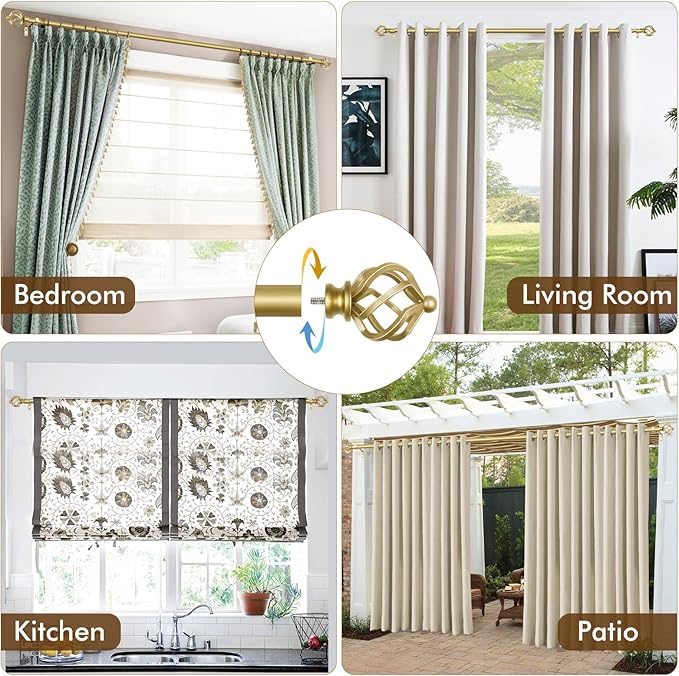KAMANINA Gold Curtain Rods for Windows 72 to 144 Inch, Long Curtain Rod 32 to 144 Inches (2.6-12ft), 6/8 In Splicing Adjustable Single Drapery Rod with Twisted Cage Finial