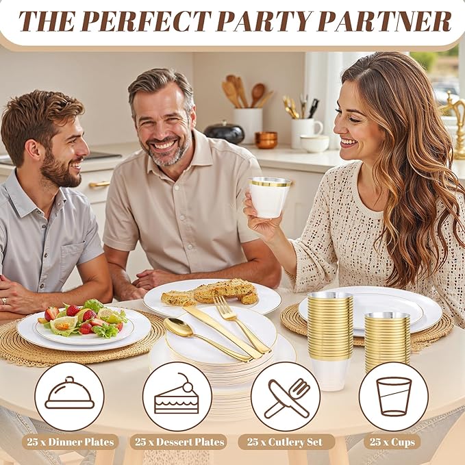 WDF 150Pcs White and Gold Plastic Plates - Gold Plates Disposable - 25guest Disposable Dinnerware Include 25 Dinner Plate, 25 Dessert Plate, 25 Cutlery & 25 9oz Cups for Wedding & Christmas Party