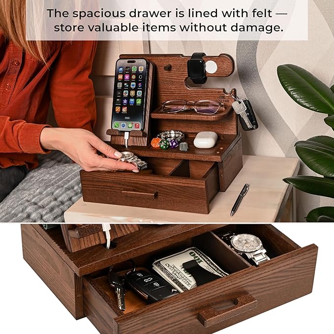 Wood Phone Docking Station with Drawer – Nightstand Desk Organizer