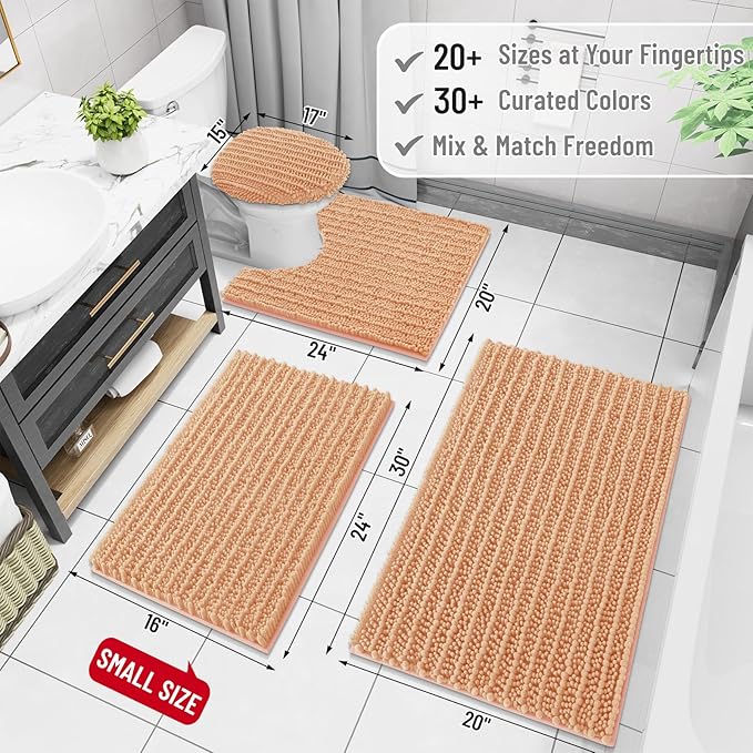 Arotive Luxury Chenille Bathroom Rug Mat, Extra Soft Thick Absorbent Shaggy Bath Rugs, Non-Slip Machine Wash Dry, Plush Bath Mats for Bathroom, Shower and Tub, 36x24, Peach