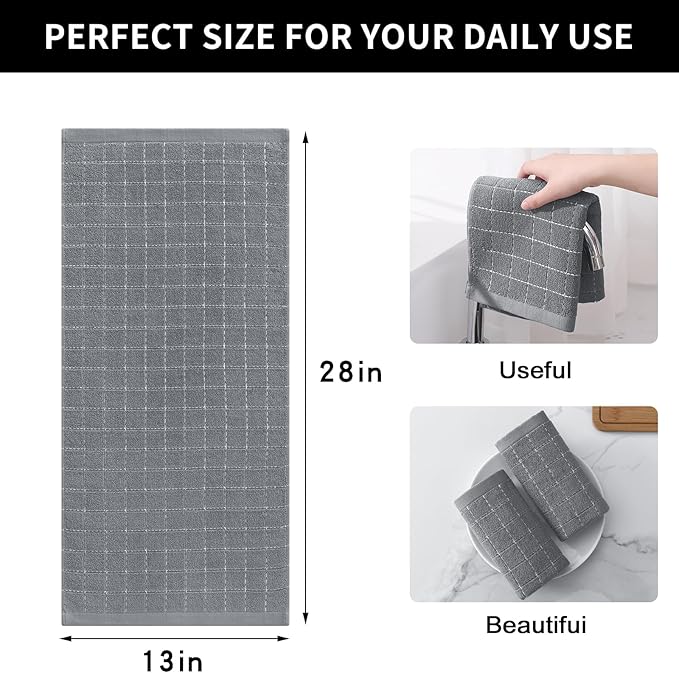 Homaxy 100% Cotton Terry Kitchen Towels(Grey, 13 x 28 inches), Checkered Designed, Soft and Super Absorbent Dish Towels, 6 Pack