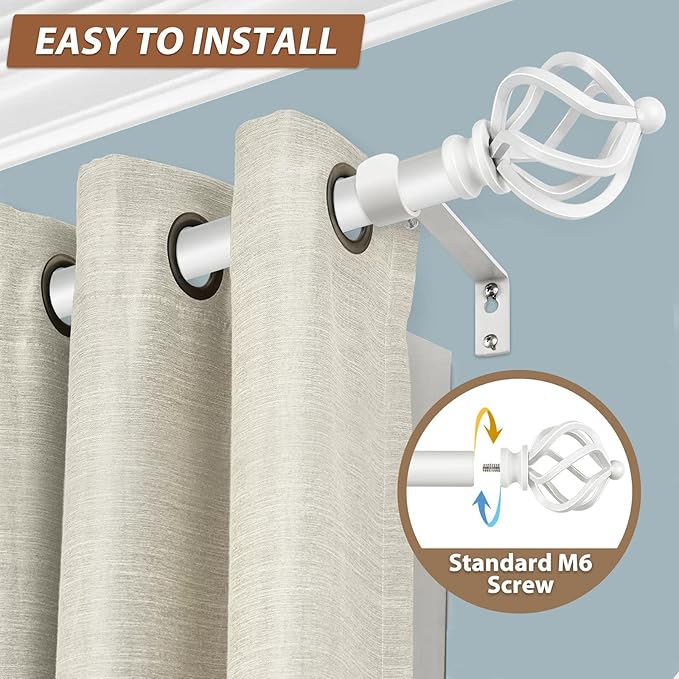 KAMANINA White Curtain Rods for Windows 48 to 84 Inch, Adjustable Single Curtain Rod 32 to 86 Inch(2.6-7.1ft), 3/4 Inch Splicing Drapery Rods with Twisted Cage Finial