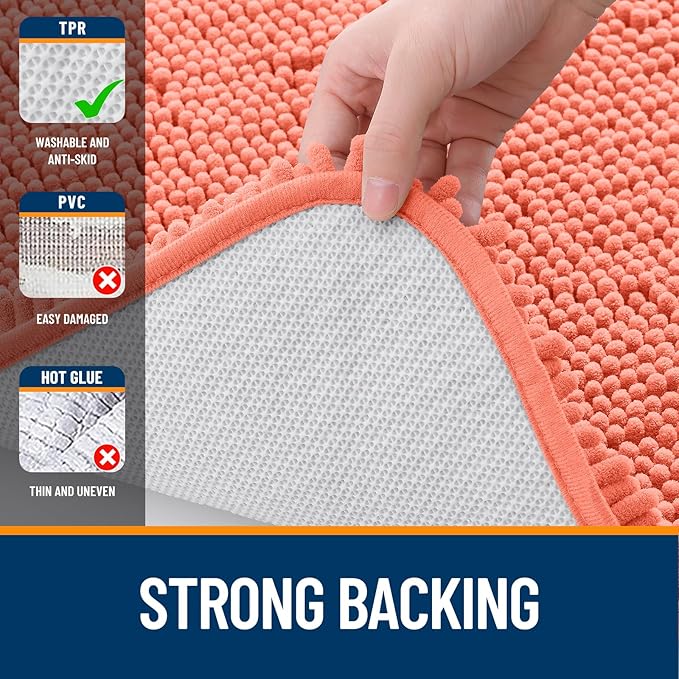OLANLY Bathroom Rugs Sets 3 Piece, Soft Absorbent Chenille Bath Mats and U-Shaped Contour Toilet Rug, Quick Dry, Home Decor Accessories, Bath Mat Set for Bathroom (36"x24"+24"x16"+24"x20", Coral)