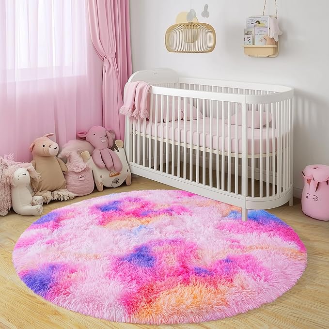 Round Fluffy Rugs 8Ft for Girls Bedroom, Dark Rainbow Shag Circle Kids Rug Non-Slip for Bedside Dorm Nursery Playroom, Soft Cute Area Rugs for Living Room Decor