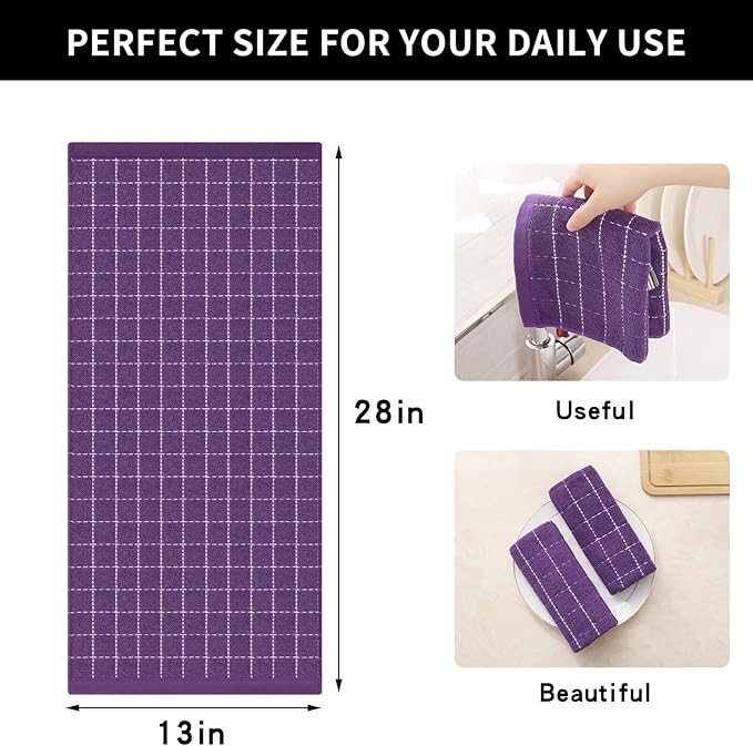 Homaxy 100% Cotton Terry Kitchen Towels(Purple, 13 x 28 inches), Checkered Designed, Soft and Super Absorbent Dish Towels, 8 Pack