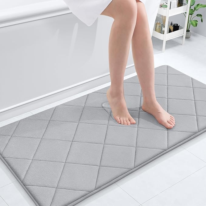 OLANLY Memory Foam Bath Mat 44x24, Ultra Soft and Absorbent Bathroom Rugs, Machine Washable, Comfortable Bath Carpet for Bathroom Floor, Tub and Shower, Light Gray