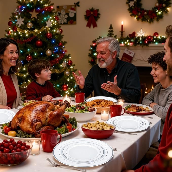 WDF 40Guest Silver Plastic Plates with Silverware - White Plastic Plates with Silver Rim, Dinnerware Sets Include 40 Dinner Plate, 40 Salad Plate,40 Forks, 40 Knives, 40 Spoons for Christmas
