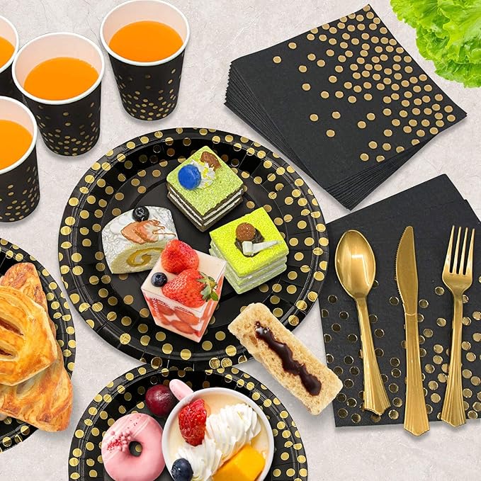 AIRE 350PCS Black and Gold Paper Plates Party Supplies for 50 Guests Party Decorations Disposable Dinnerware Golden Dot Paper Plates Napkins Cups Gold Plastic Forks Knives Spoons for Birthday Wedding