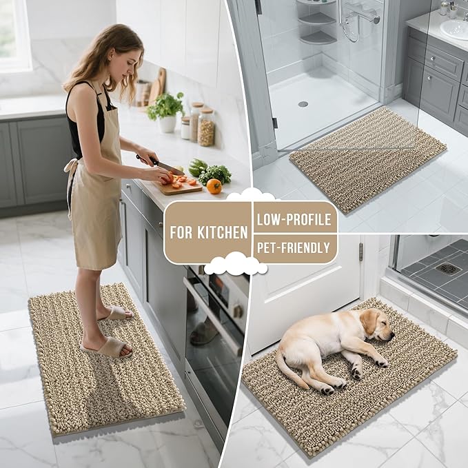 Yimobra Bathroom Runner Rug 55x24 Inch - Extra Long Non Slip Chenille Bath Mat, Soft & Absorbent, Machine Washable Shaggy Hallway Carpet for Vanity Tub Shower, Camel Home Decor Accessories