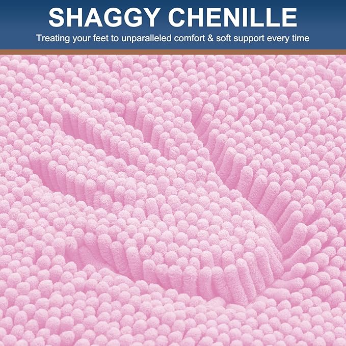 Smiry Luxury Chenille Bathroom Rugs 59x35, Extra Soft and Absorbent Shaggy Bath Mat, Machine Washable, Non-Slip Plush Carpet Runner for Tub, Shower, and Floor, Home Decor Accessories, Pink