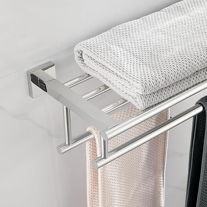 Towel Rack with Shelf 20 Inch Double Towel Racks for Bathroom Polished Chrome Bath Towel Holder SUS304 Stainless Steel Towel Rack Wall Mounted Modern Towel Hanger