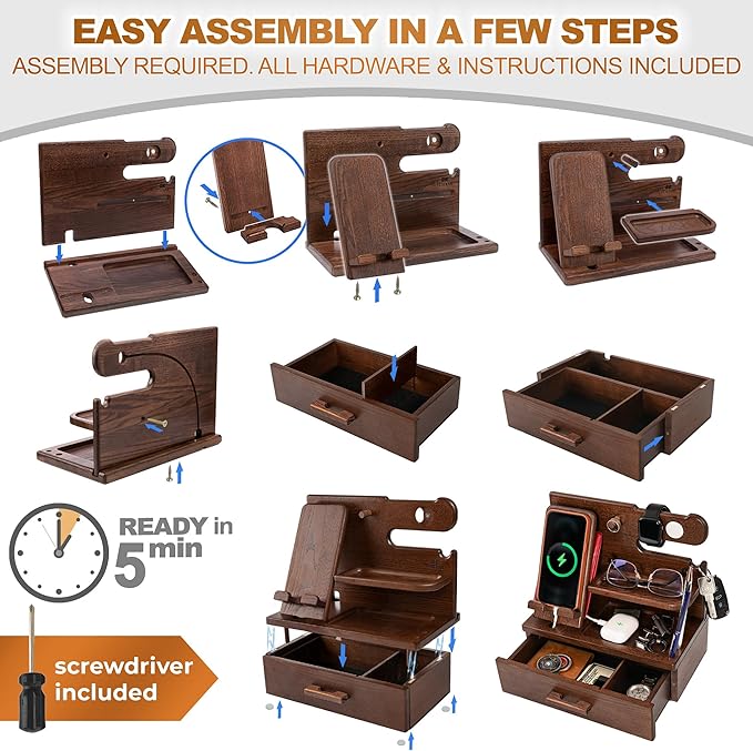 Wood Phone Docking Station with Drawer – Nightstand Desk Organizer