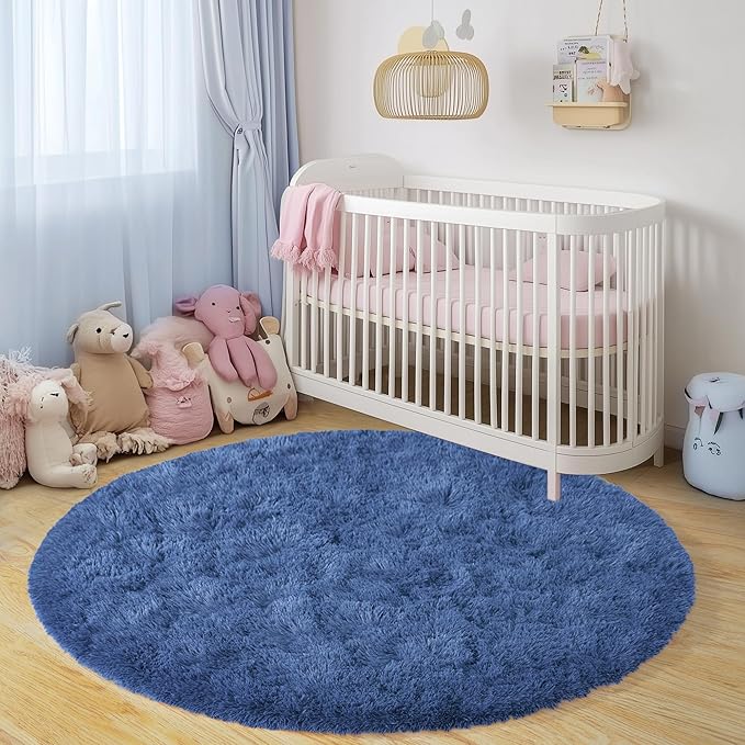 Round Fluffy for Bedroom Rugs, 5Ft Navy Blue Shag Circle Rug Non-Slip for Kids Girls Boys Bedroom Dorm Nursery Playroom, Soft Cute Area Rugs for Living Room Decor
