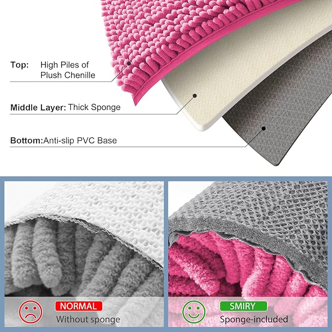 Smiry Luxury Chenille Bathroom Rugs 59x24, Extra Soft and Absorbent Shaggy Bath Mat, Machine Washable, Non-Slip Plush Carpet Runner for Tub, Shower, and Floor, Home Decor Accessories, Hot Pink