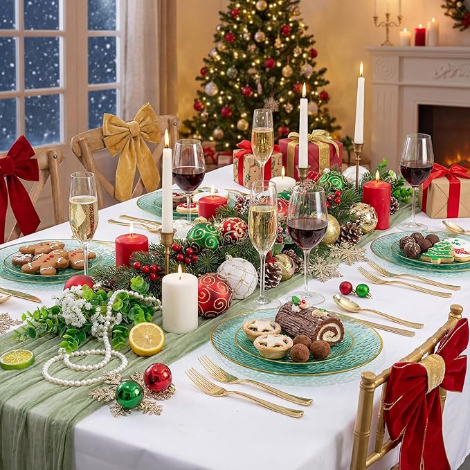 Rubtlamp 175 Pcs Green Plastic Plates Dinnerware Set (25 Guests), Hammered Plates Sets, Green Plastic Party Plates Set include 50 Disposable Plates Set, 75 Gold Plastic Silverware, 25 Cups 25 Napkins