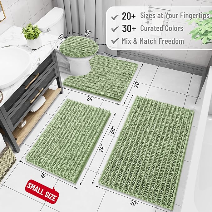 Arotive Luxury Chenille Bathroom Rug Mat, Extra Soft Thick Absorbent Shaggy Bath Rugs, Non-Slip Machine Wash Dry, Plush Bath Mats for Bathroom, Shower and Tub, 47x24, Sage Green