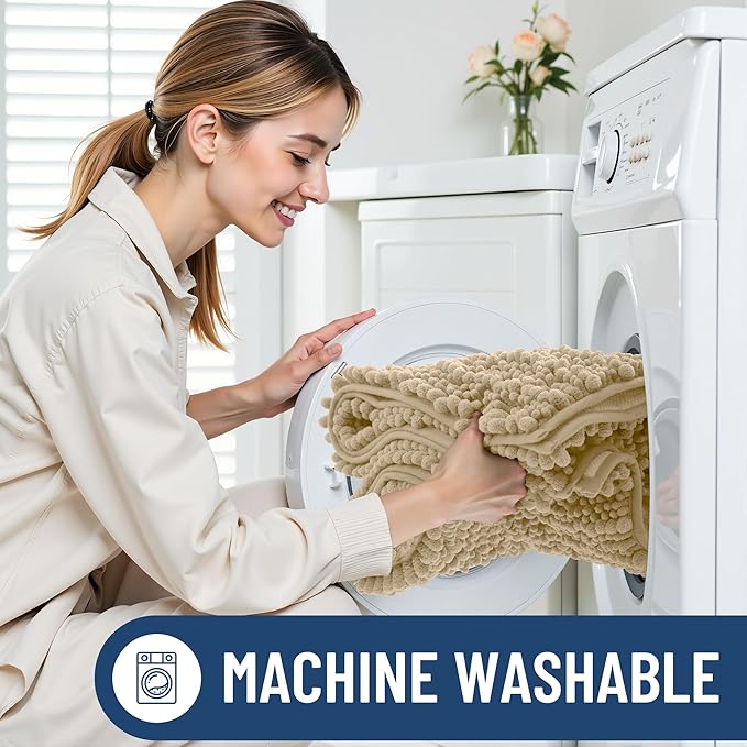 Smiry Bathroom Rugs Mat 47x24, Extra Soft Absorbent Chenille Bath Rugs, Non Slip Rubber Backing Machine Washable Quick Dry Bath Mats for Bathroom Floor, Tub, Shower, Home Decor Accessories, Beige